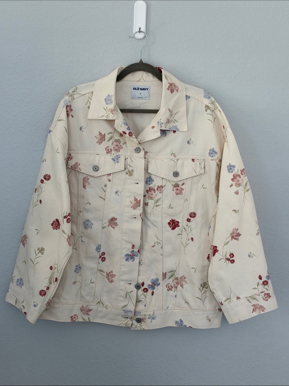 Old Navy Women’s M Floral Denim Trucker Jacket Cream 100% Cotton Cottagec